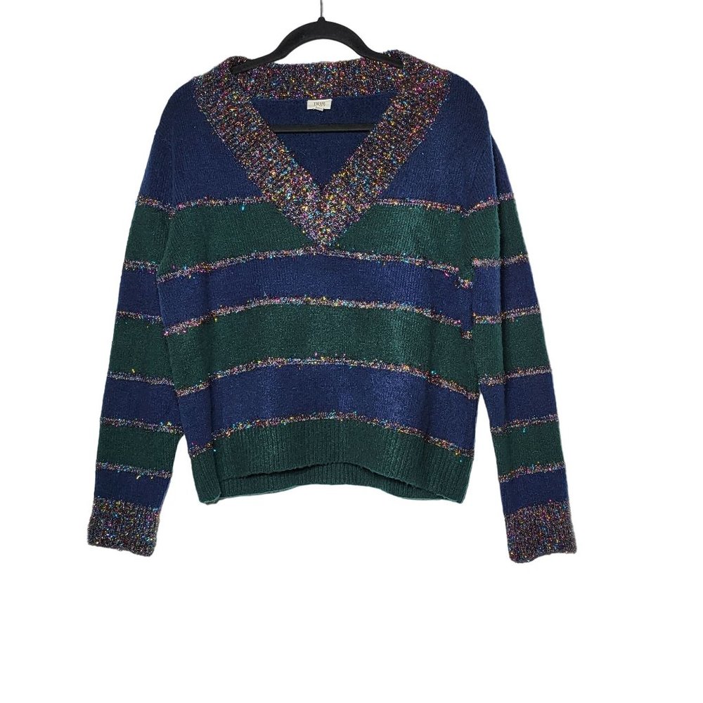 True Craft Women's Striped Tinsel‎ Holiday Christmas V-Neck Sweater Size Small